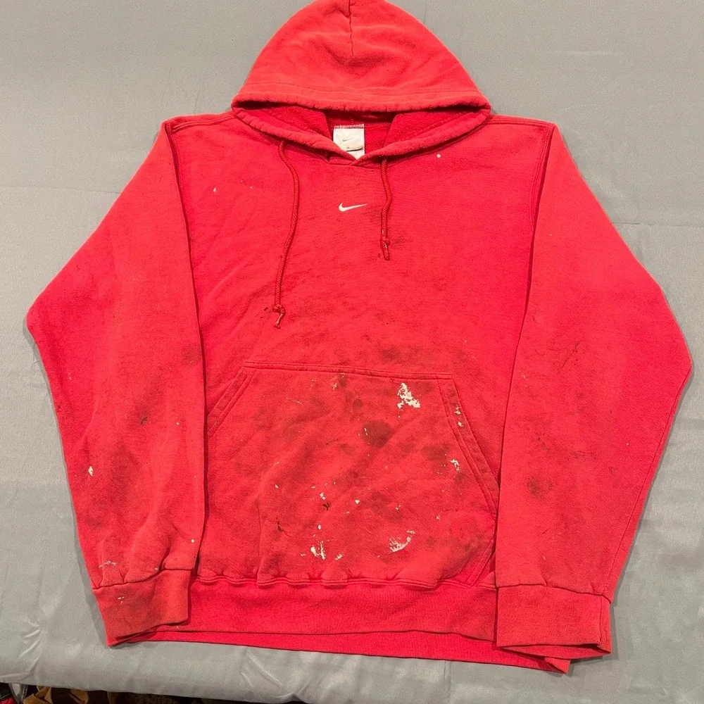 Vintage Nike Center Swoosh Hoodie Red Distressed Paint Splatter Mens Medium Y2K
